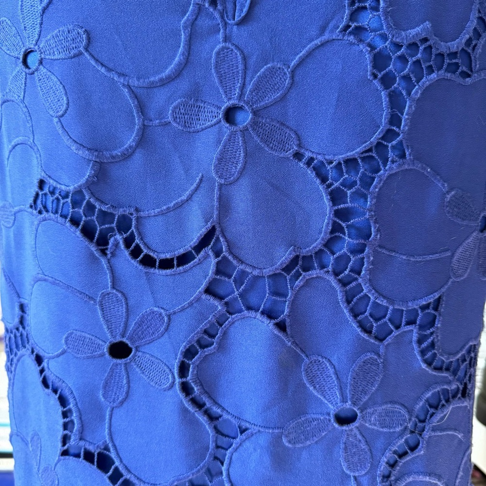 Antonio Melani Ghiaia Dress Blue Floral Lined Embroidered Overlay Midi Sheath 8 - Picture 9 of 11